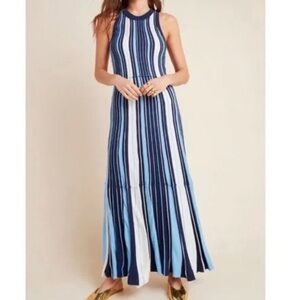 Anthropologie Maeve Lisanne Knit Maxi Dress Blue White Vertical Stripe Size S